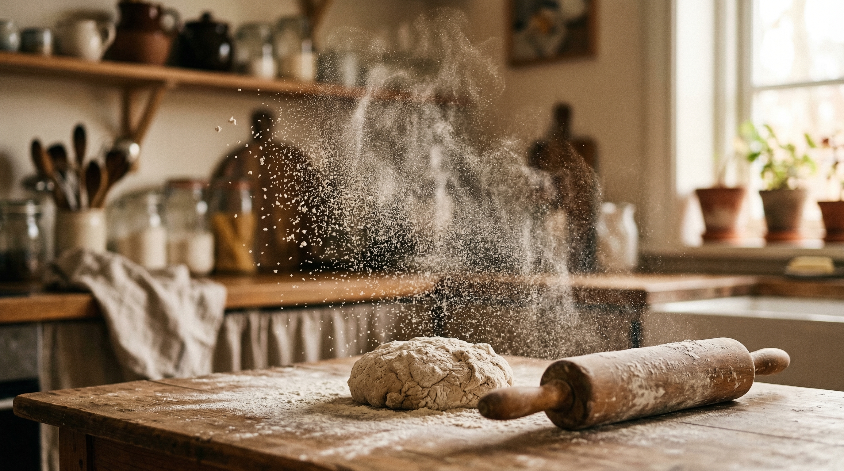 Flour dust in warm kitchen