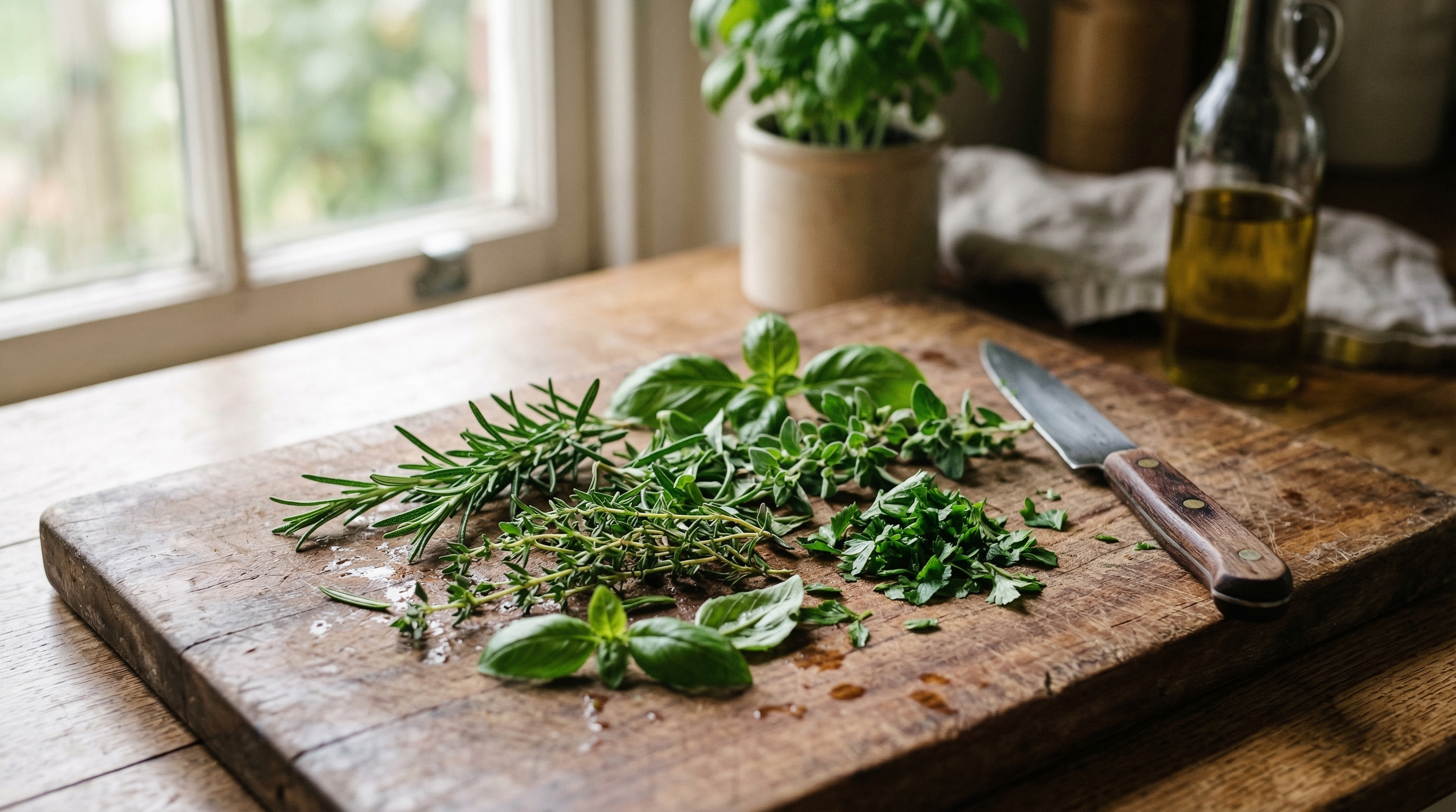Fresh herbs on wooden board